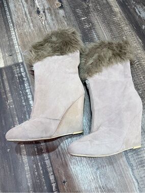 Traffic Y2K Tan Suede Wedge Boots with Faux Fur Cuff